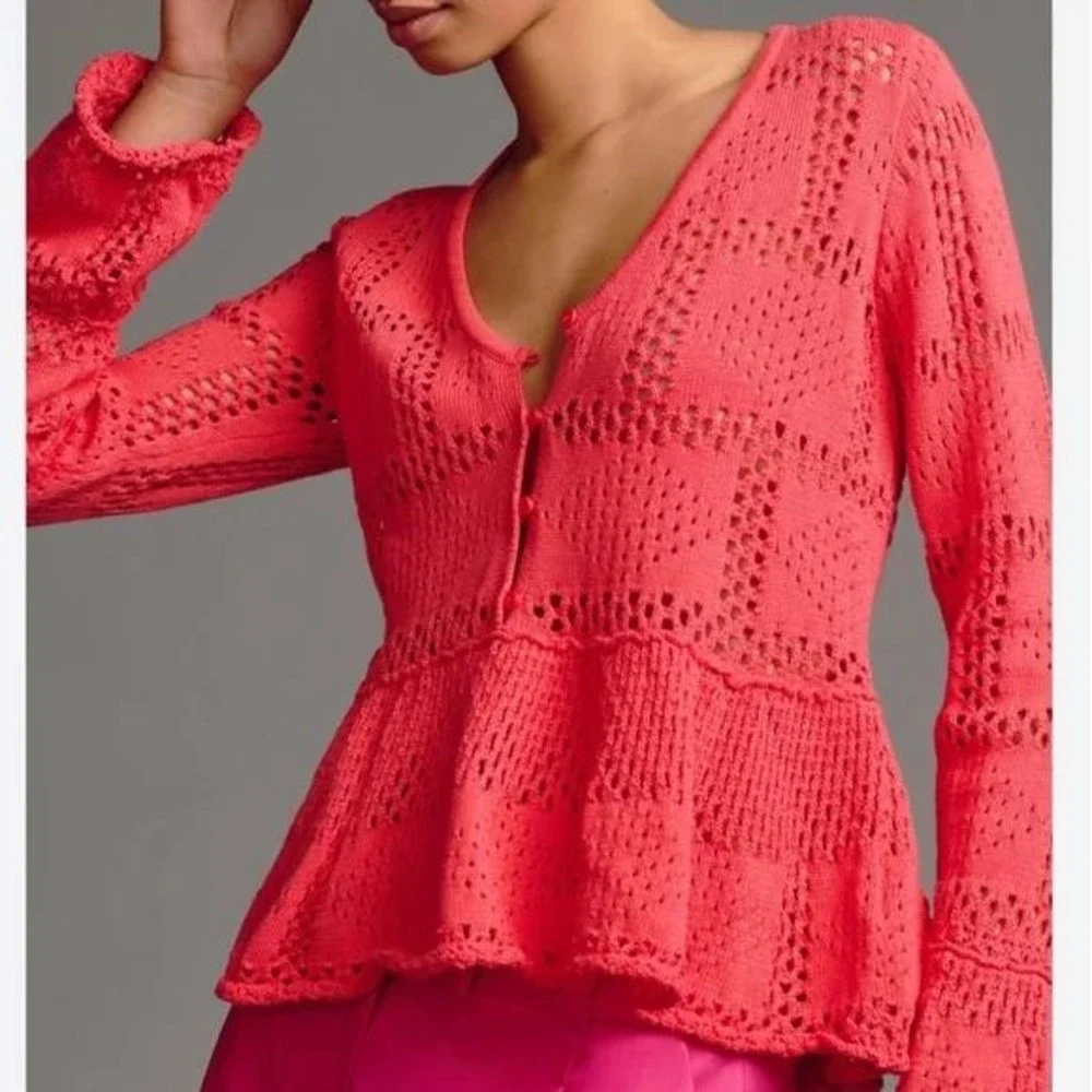 Pilcro Anthropologie Coral Pink Pointelle Knit Peplum Sweater‎ XXS Baby Doll